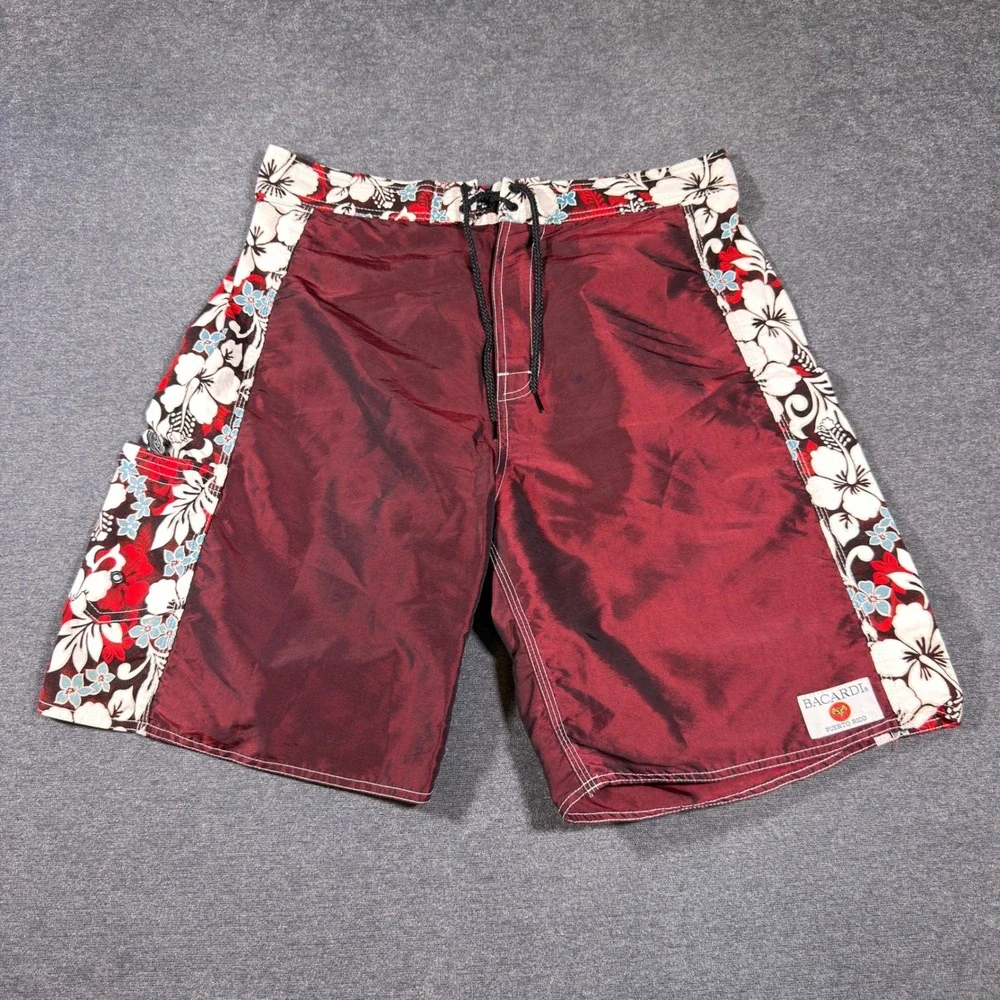Bacardi Board Shorts Mens 34 Burgundy Floral Puerto Rico Hawaii Swim Trunks